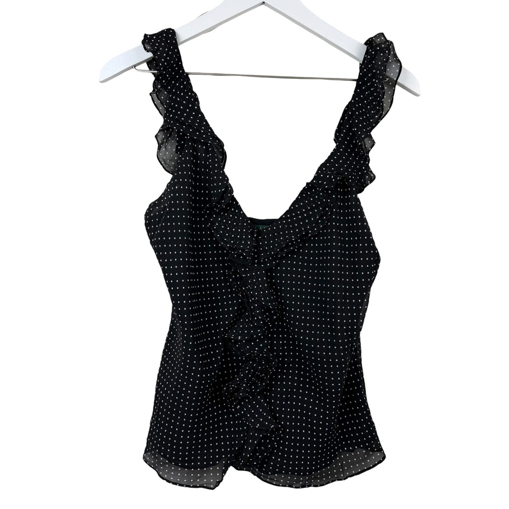 Lauren Ralph Lauren Hollywood Black Polka Dot Silk Sleeveless Top Size 12‎ NWT